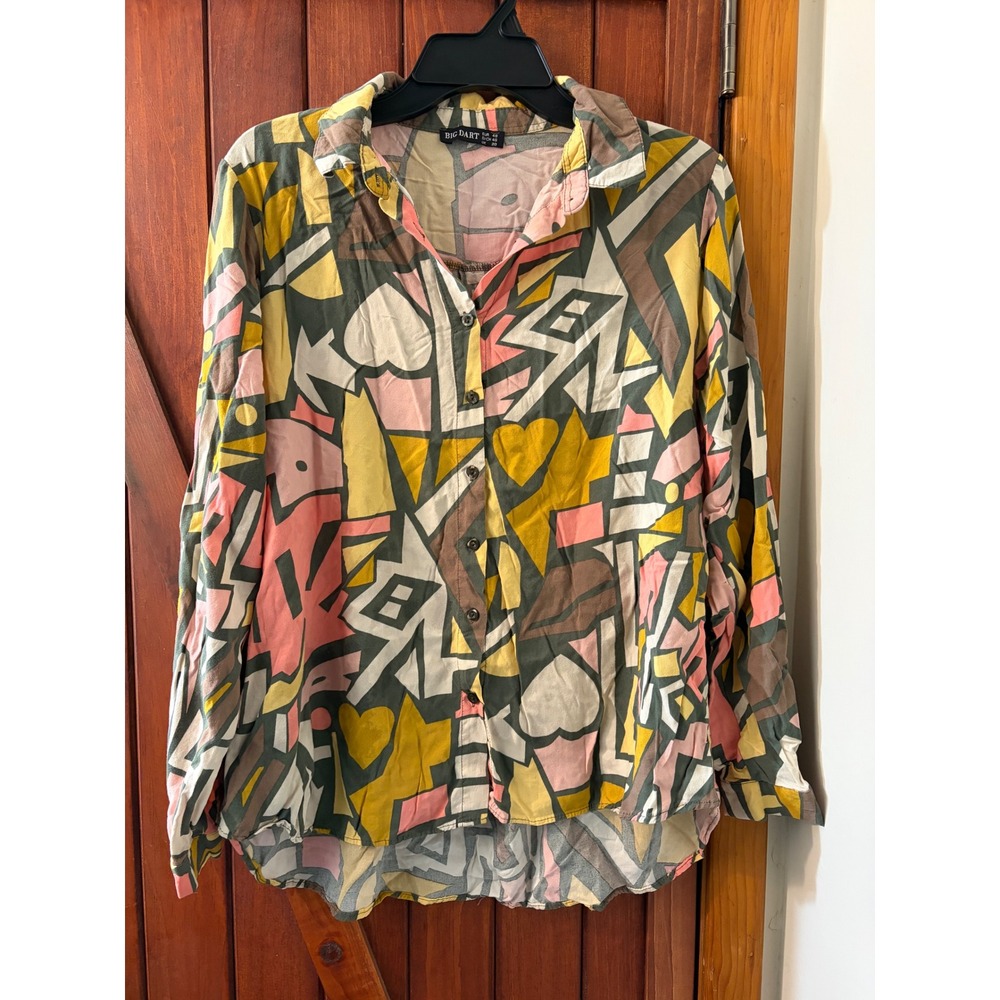 Big Dart Geometric Abstract Heart Print Button Down Shirt Multicolor Women UK 20